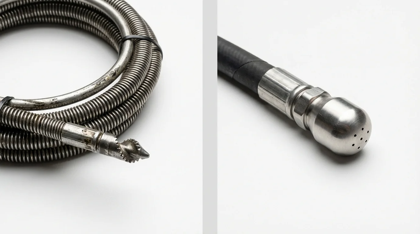 Drain snake cable and hydro jetting nozzle used for drain cleaning in Aurora, MN