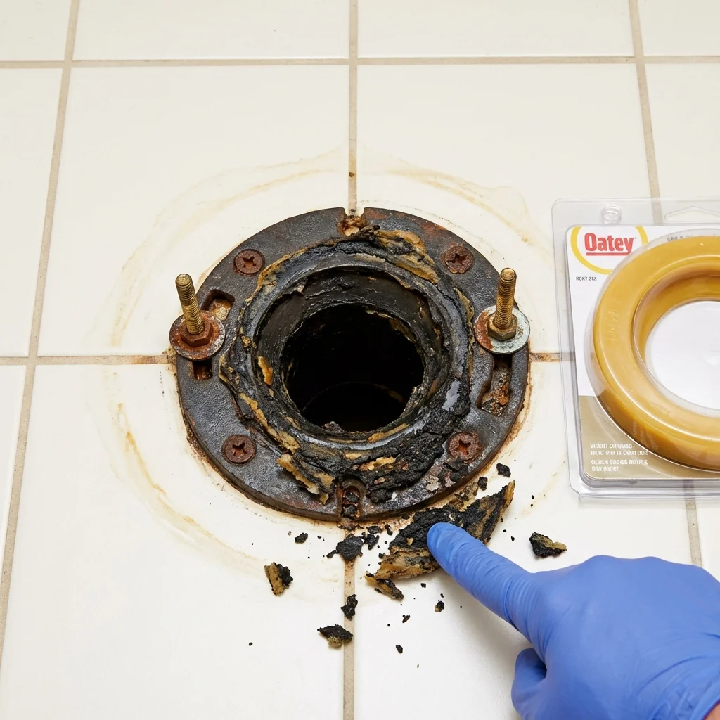 Failed wax ring showing water seepage at the base of a toilet in a Aurora, MN home
