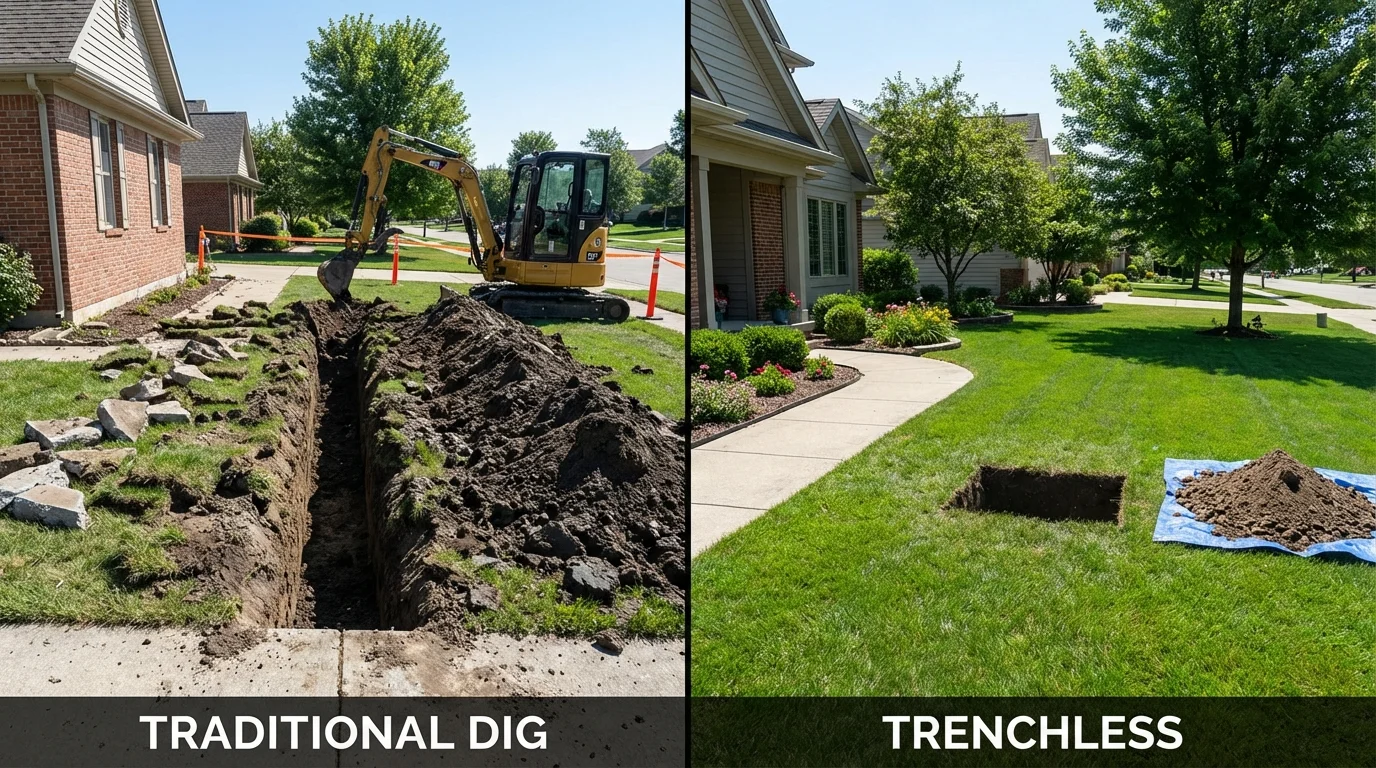 Trenchless sewer repair with minimal yard damage versus traditional excavation in Aurora, MN