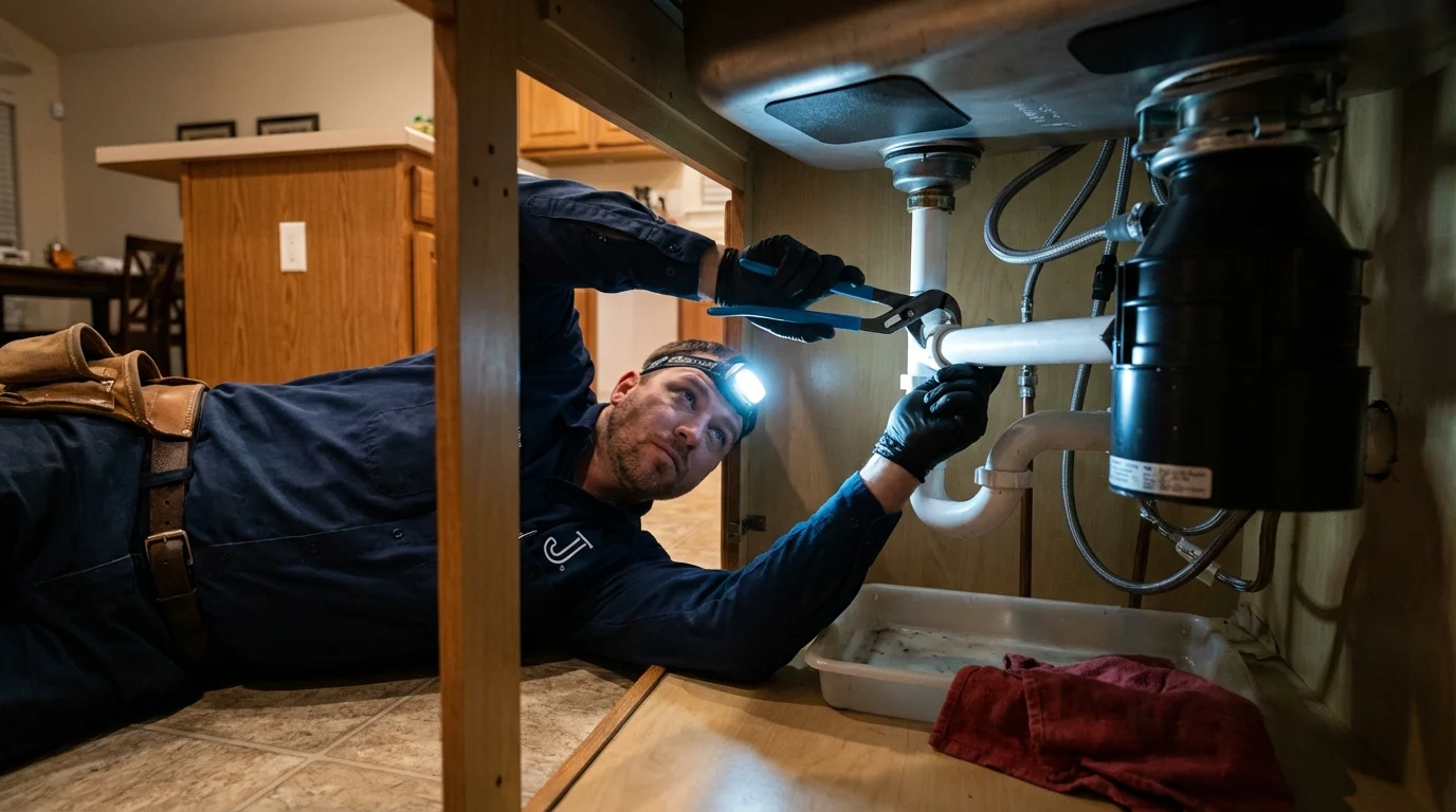 P-trap and supply line connections under a kitchen sink showing a common leak point in Aurora, MN
